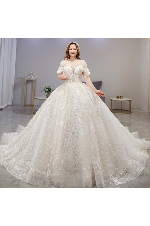 Plus Size 2021 New Round Neck Cap Sleeves Sequin Decor Tulle Wedding Dress With Long Train