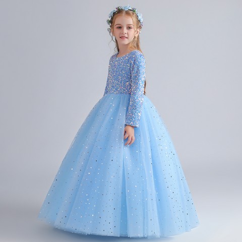 Sky Blue Round Neck Long Sleeves Sequined Tulle Skirt Girls Pagent Dresses