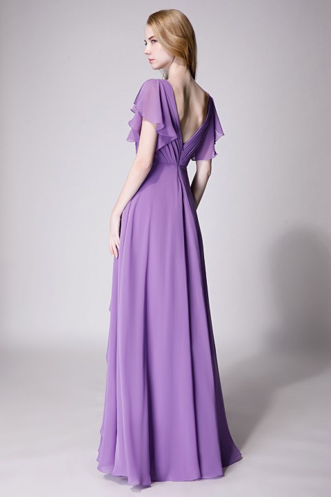 Flutter Sleeve Chiffon Ruched V Back Bridesmaid Dress Long