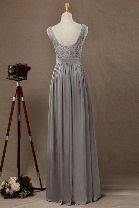 Boatneck Low Scoop Back Lace Bridesmaid Dress with Silk Belt