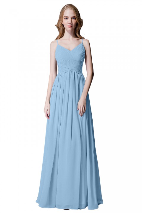 Spaghetti Straps Pleated Chiffon Bridesmaid Dress with Lace Open Back