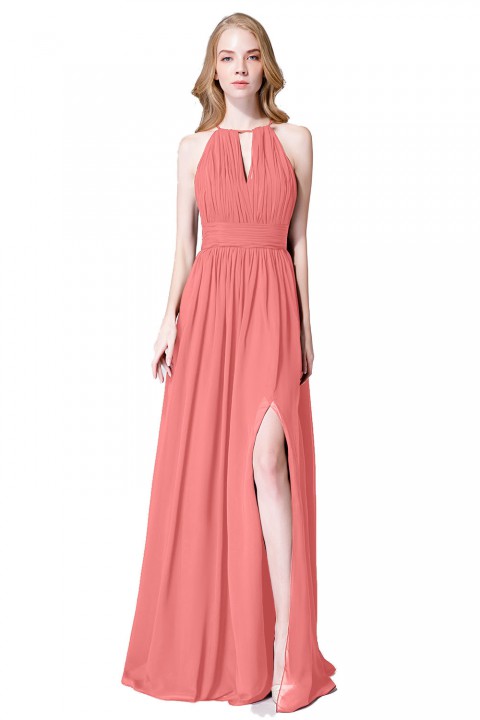 High-Neck with Keyhole Halter Tie Back Chiffon Bridesmaid Dress 