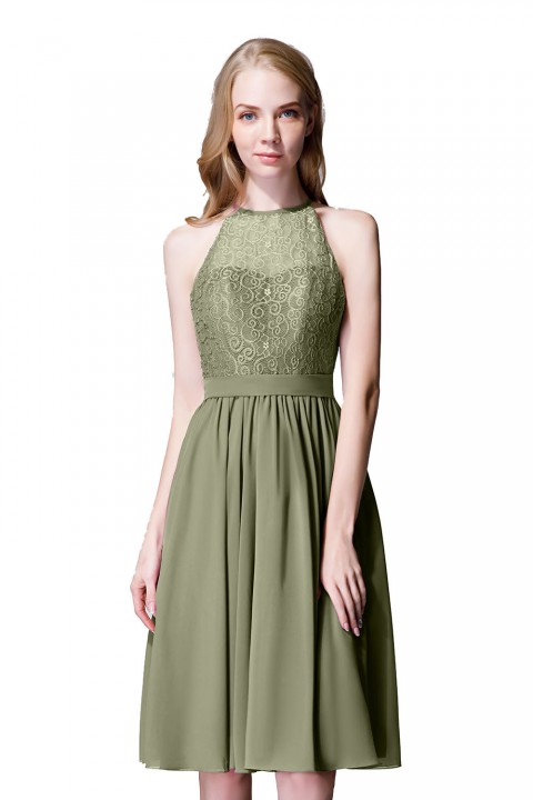 Illusion High Neck Halter Lace Short Bridesmaid Dress with Tie Detail