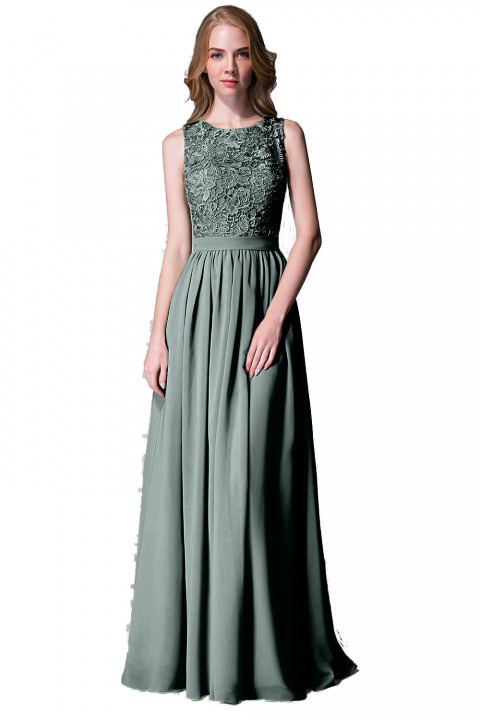 Lace Upper Bodice Illusion Scoop Neck Chiffon Bridesmaid Dress Sleeveless