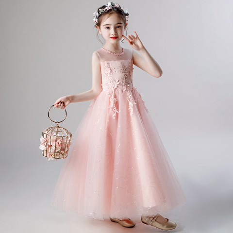 Elegant Round Neck Strapless A-line Princess Tulle Skirt Flower Girl Dresses With Flower Shape