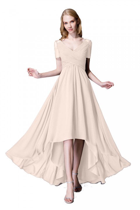 Criss Pleated V-neck High-low Chiffon Bridesmaid Dress with Illusion Sleeves