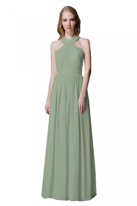 Criss-cross Halter Pleated Chiffon Bridesmaid Dress with Cross-straps Back