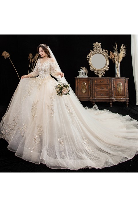 Plus Size 2021 Open Shoulder Deep V-neck Puff Sleeves Sequined Embroidered Flower Tulle Wedding Dress With Long Train