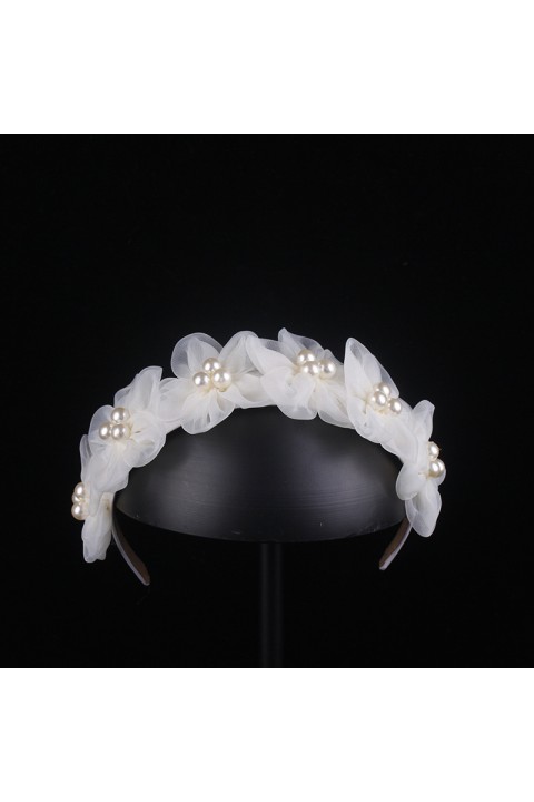 White Handmade Pearl Decor Flower Shape Bridal Headband