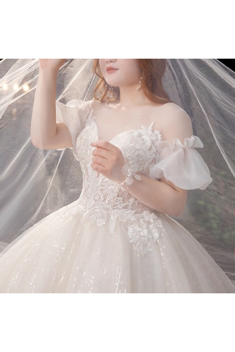 Plus Size 2021 New Deep V-Neck Flower Embroidered Tulle Wedding Dress With Long Train
