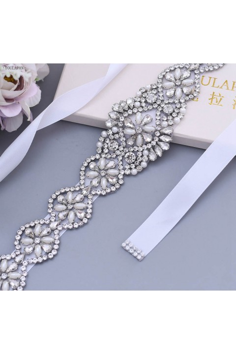 Pearl Crystal Ribbon Bridal Sash