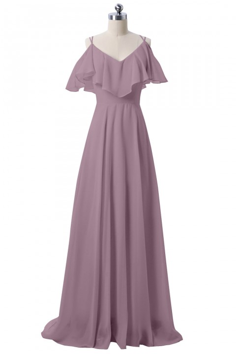 Double Spaghetti Straps V Neck Chiffon Bridesmaid Dress with Flouncing Top