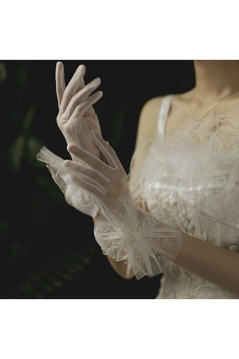 White Pearl Decor Elastic Tulle Wedding Bridal Gloves