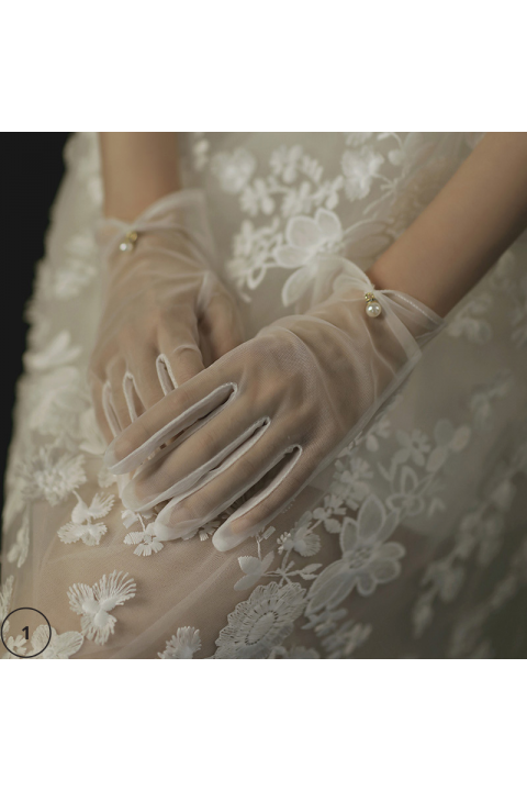 White Pearl Decor Thin Tulle&Satin Wedding Bridal Gloves