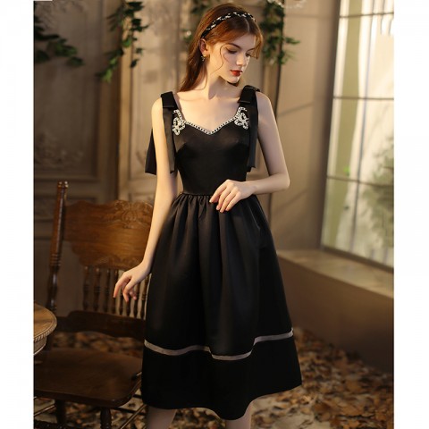 Princess V-Neck Bow Straps Design Sleeveless Satin Party Dress