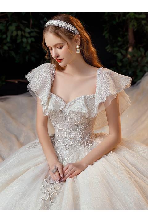 New 2021 Luxury Flounce Sleeves Beaded & Gorgeous Embroidered Fantasy Tulle Wedding Dress With Long Train