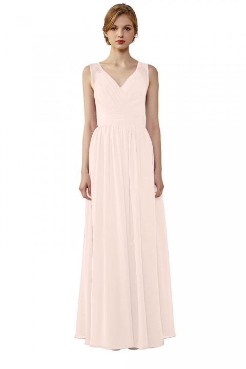 Lace Illusion Back Closure with Button Ruched V-Neck Bridesmaid Dress 