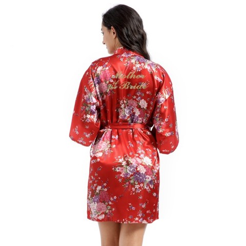 Floral Slogan Printed Tied Waist Silk Mother of the Bride Robe