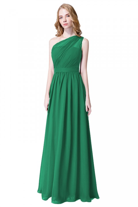 Illusion One-Shoulder Chiffon Pleated Bridesmaid Dress Long