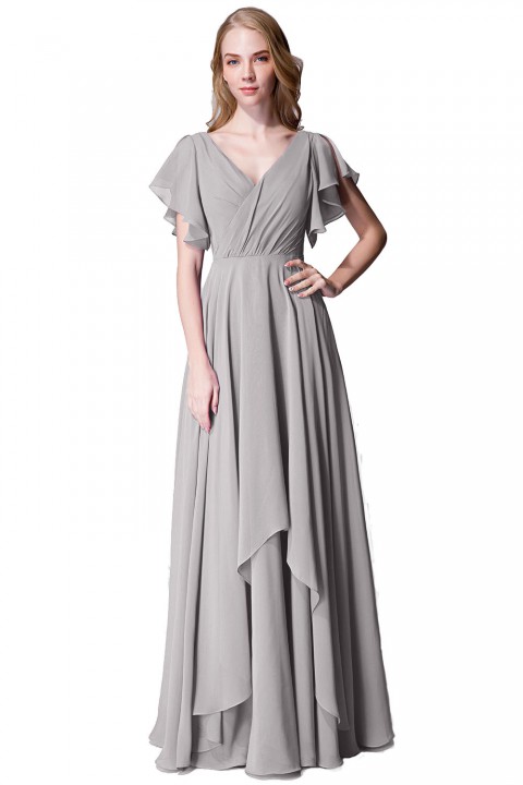 Flutter Sleeve Chiffon Ruched V Back Bridesmaid Dress Long