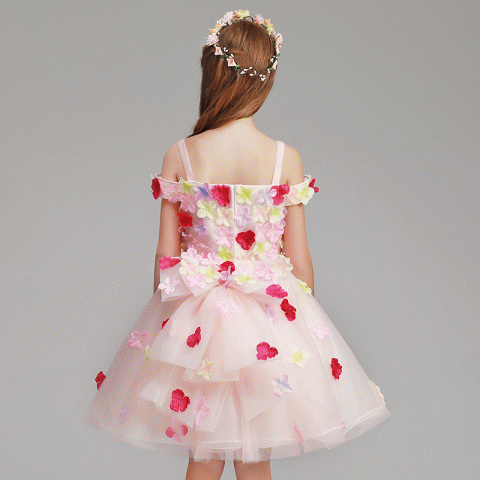 Light Pink Spaghetti Straps Flowers Shape Decor Tulle Skirt Girls Pageant Dresses