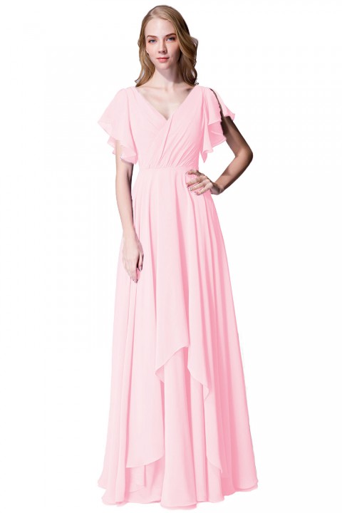 Flutter Sleeve Chiffon Ruched V Back Bridesmaid Dress Long