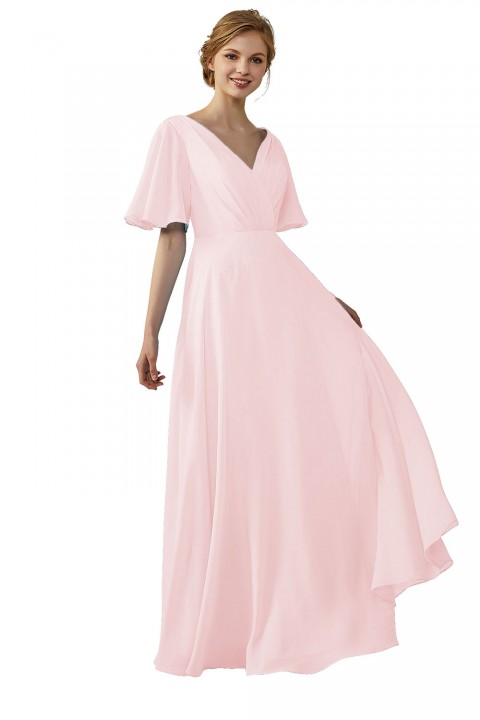 Casual V-Neck Flutter Sleeves Chiffon Ruched Bridesmaid Dress with Keyhole Back