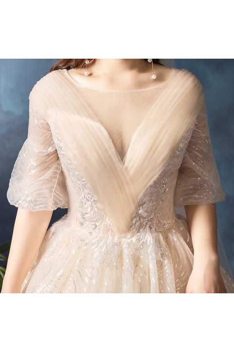 Plus Size 2021 Round Neck Puff Sleeves Deep V Tulle Decor Embroidered Flower Sequin Tulle Wedding Dress With Long Train