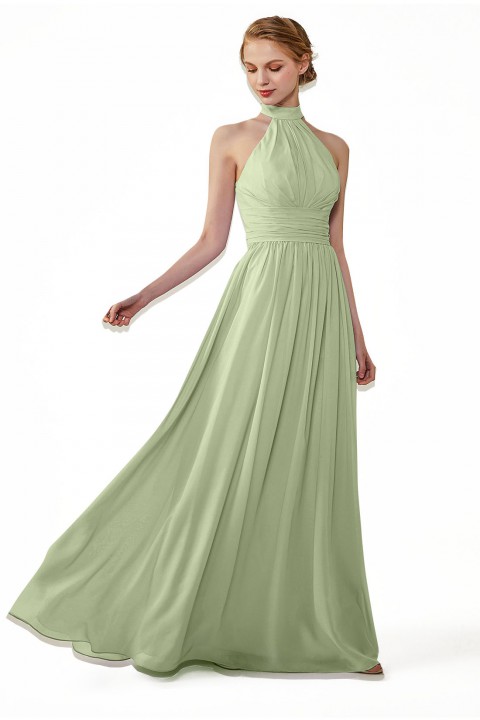 High Neck Chiffon Lace Triangle Back Halter Bridesmaid Dress