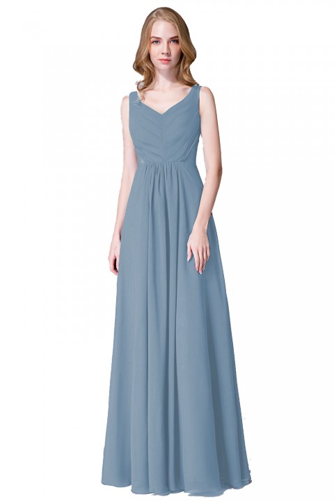 Elegant V-Back Chiffon Tank Bridesmaid Dress with Mesh Lace Inset