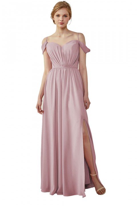 A-Line Cold Shoulder Spaghetti Straps Chiffon Bridesmaid Dress with Side Slit