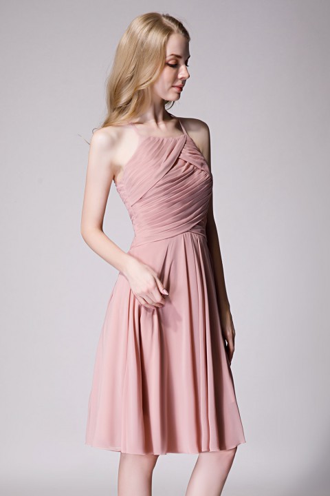 Elegant Halter Tea Length Pleated Chiffon Bridesmaid Dress with Tie Back