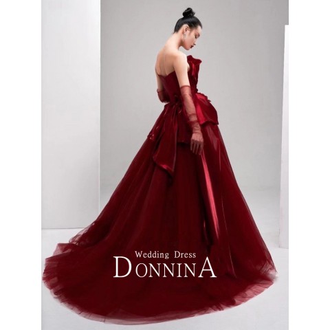 Burgundy Off Shoulder Big Bow Design Flower Decor Tulle Skirt Satin Party Dress