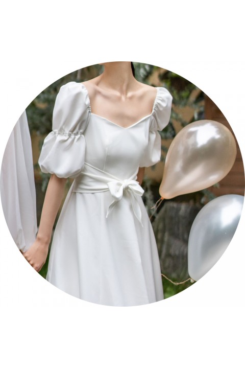 White Square V Neck Short Puff Sleeves Bowknot Belted High Waist Chiffon Bridesmaid Dress