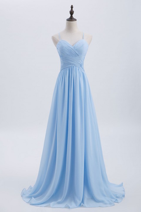 Spaghetti Straps Halter Neckline Front Cascade Bridesmaid Dress with Keyhole Back