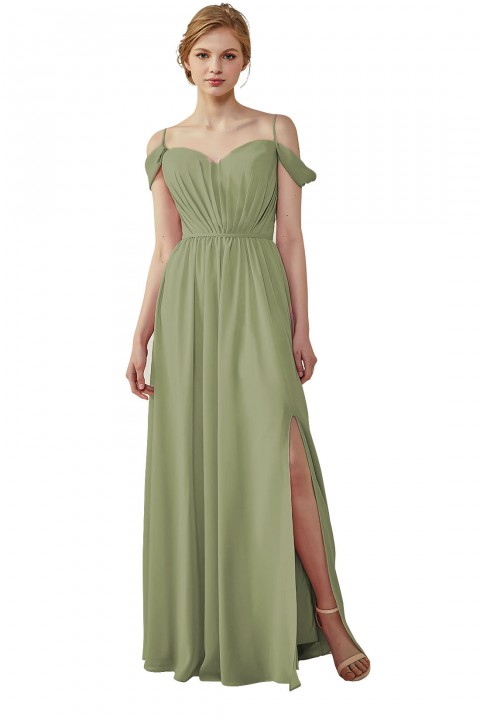 A-Line Cold Shoulder Spaghetti Straps Chiffon Bridesmaid Dress with Side Slit