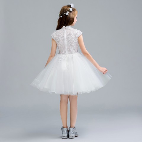 White High Collar Sleeveless Embroidery Decor Tulle Skirt Girls Pagent Dresses