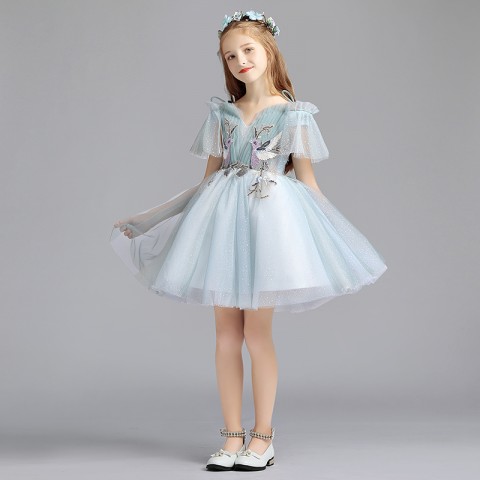 Dusty Blue Double Bow Straps Sequin Embroidered Tulle Short Skirt Girls Pageant Dresses