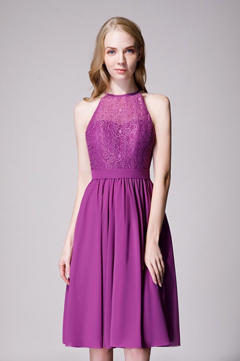 Illusion High Neck Halter Lace Short Bridesmaid Dress with Tie Detail