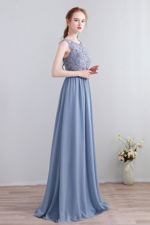 Lace Upper Bodice Illusion Scoop Neck Chiffon Bridesmaid Dress Sleeveless