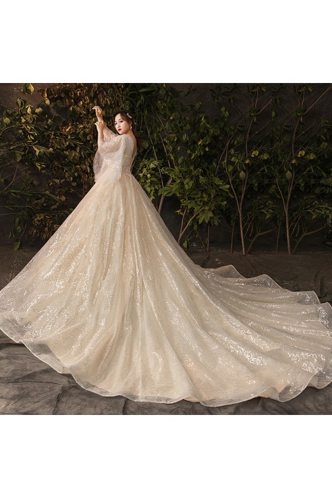 Plus Size 2021 Round Neck Long Trumpet Sleeves Sequined Flower Tulle Wedding Dress With Long Train