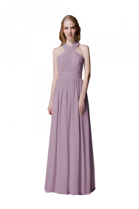 Criss-cross Halter Pleated Chiffon Bridesmaid Dress with Cross-straps Back