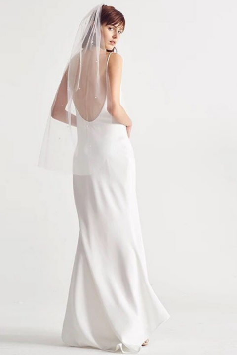 2021 Off Shoulder Spaghetti Straps Backless Mermaid Satin Wedding Dress