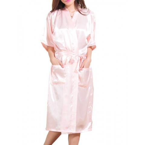 Slogan Printed Tied Waist Silk Bride Robe with Pockets