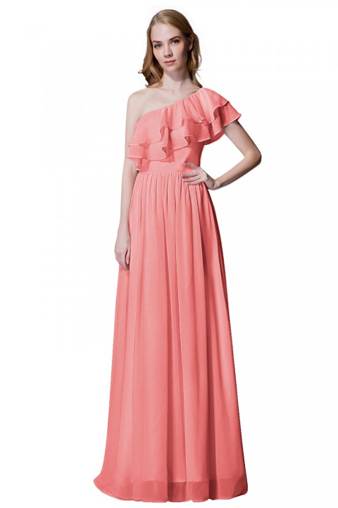 Asymmetrical One-Shoulder Flounce Chiffon Bridesmaid Dress Long