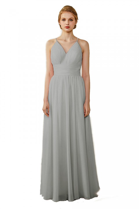 Spaghetti Straps V-Neck Bridesmaid Dress Open Back with Triangle Lace Detail