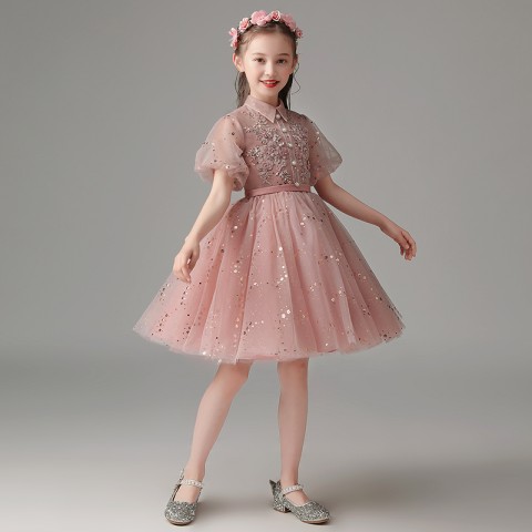 Pink Stand Collar Short Puff Sleeves Sequin & Beaded Flower Decor Shiny Tulle Skirt Girls Pageant Dresses