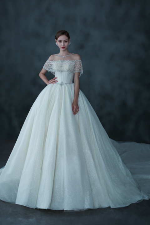2021 Off Shoulder Sleeveless Beaded Shawl Sequins Tulle Wedding Dress With Long Train