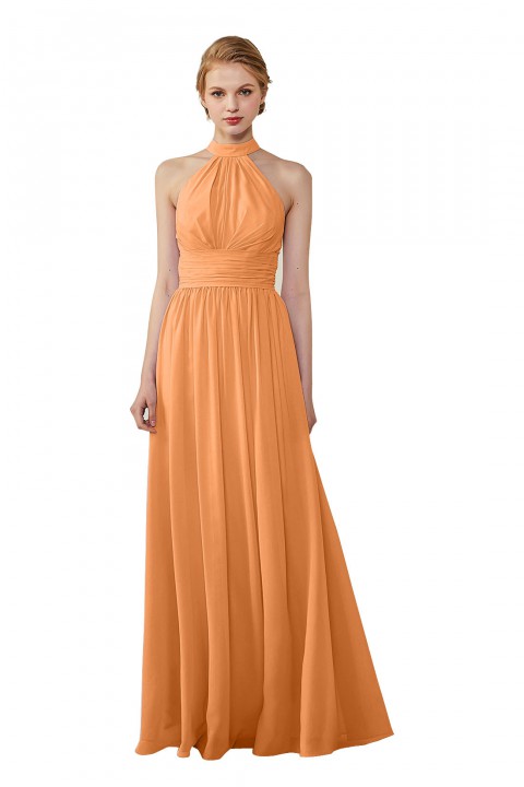 High Neck Chiffon Lace Triangle Back Halter Bridesmaid Dress