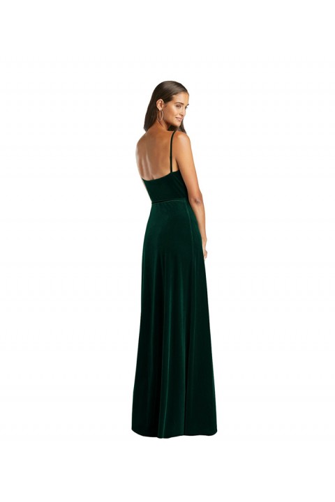 Dark Green Spaghetti Strap V Neck Self Tie High Split Luxe Velvet Bridesmaid Dress